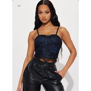 Blue Corset Top Black Lace Overlay size M
